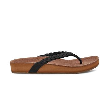 Sanuk She Loungy Braid Leather Women's Flip Flops Black | Canada 135ILH